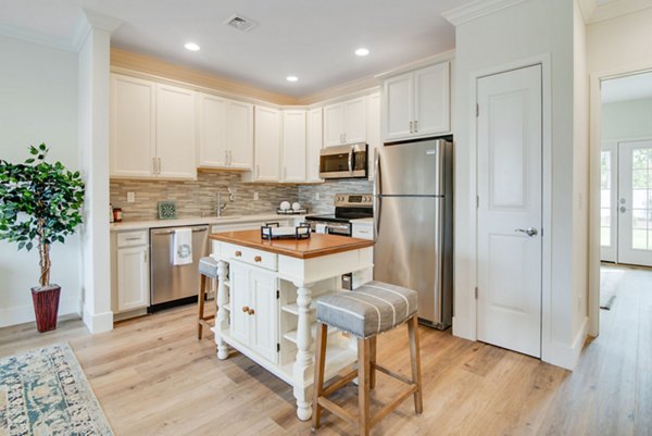 Modern kitchen with stainless steel appliances at Vistas of Port Jefferson Apartments, featuring luxury finishes and open layout for a relaxing experience