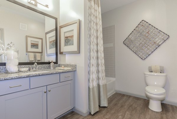 Modern bathroom with sleek fixtures at The Lodges on English Station Rd Apartments