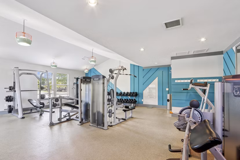 fitness center at The Lodges on English Station Rd. Apartments