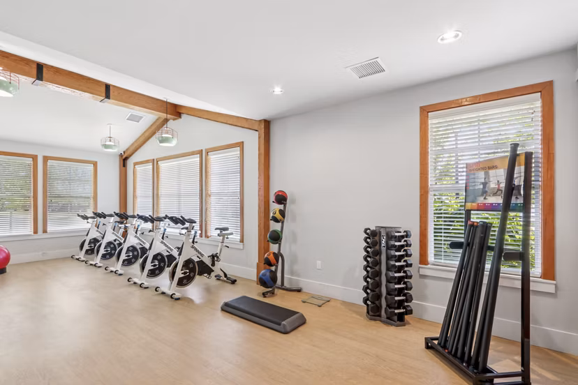 fitness center at The Lodges on English Station Rd. Apartments