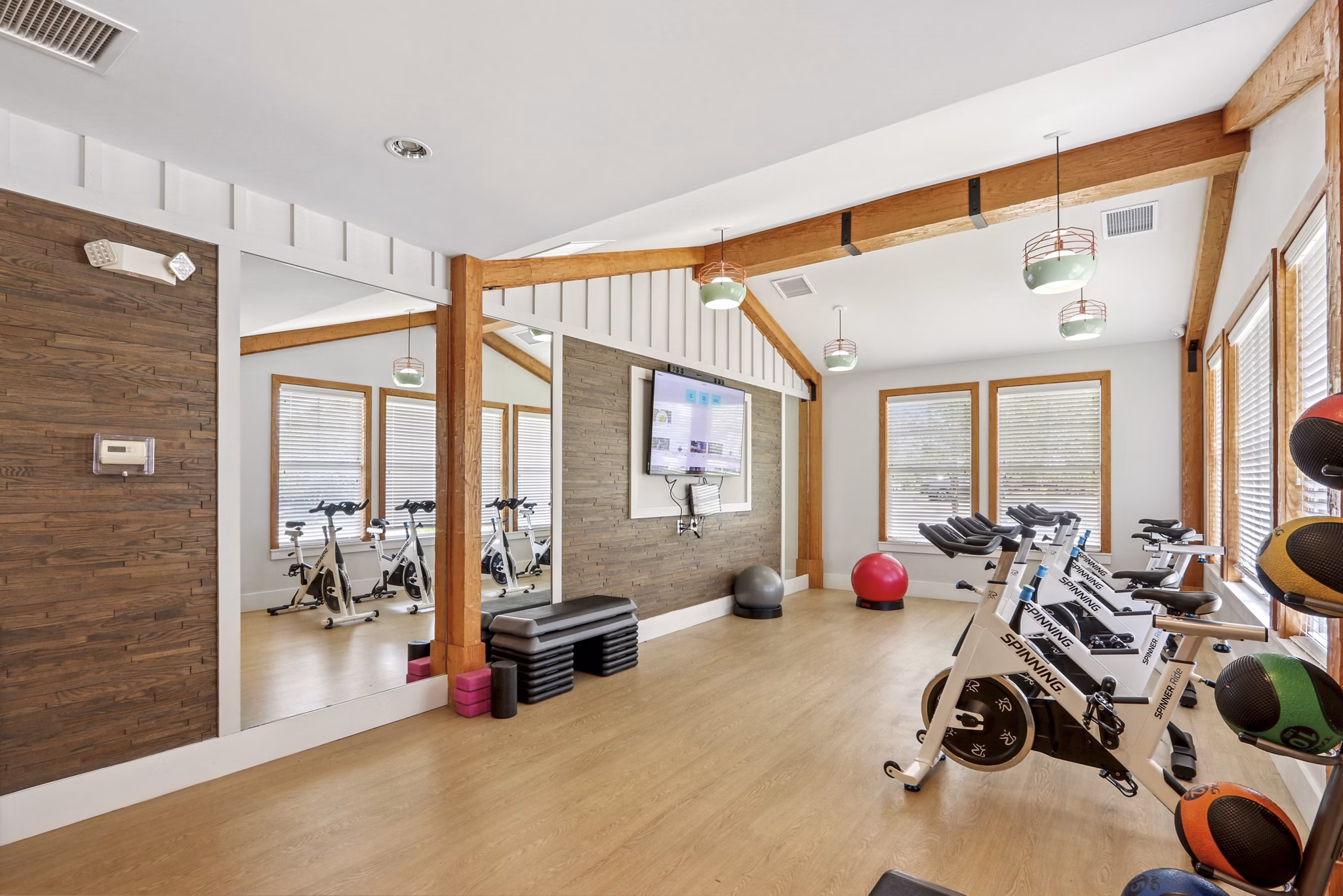 fitness center at The Lodges on English Station Rd. Apartments
