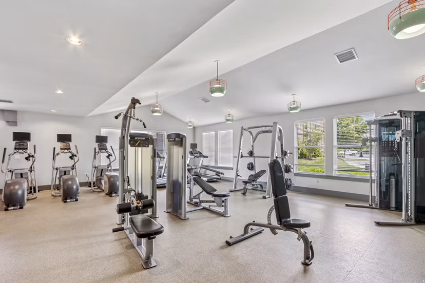 fitness center at The Lodges on English Station Rd. Apartments
