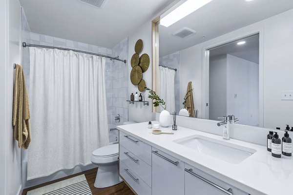 Bathroom featuring modern fixtures and spacious layout at Connection on Broadway Apartments