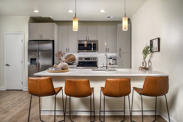 Modern kitchen featuring stainless steel appliances and quartz countertops in Revel Apartments