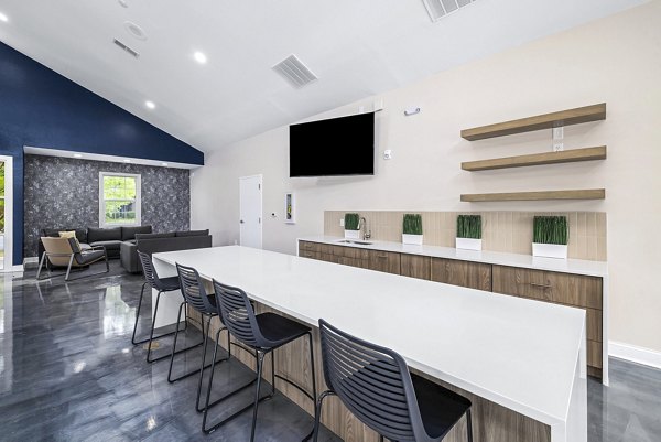 Clubhouse with modern design elements at 403 West Apartments, a luxury Greystar property