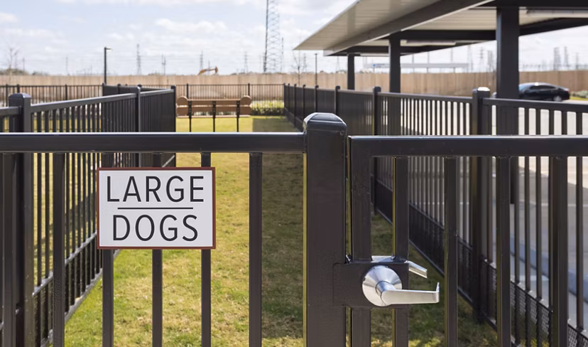Fenced play area for large dogs at luxury apartments providing pet-friendly amenities