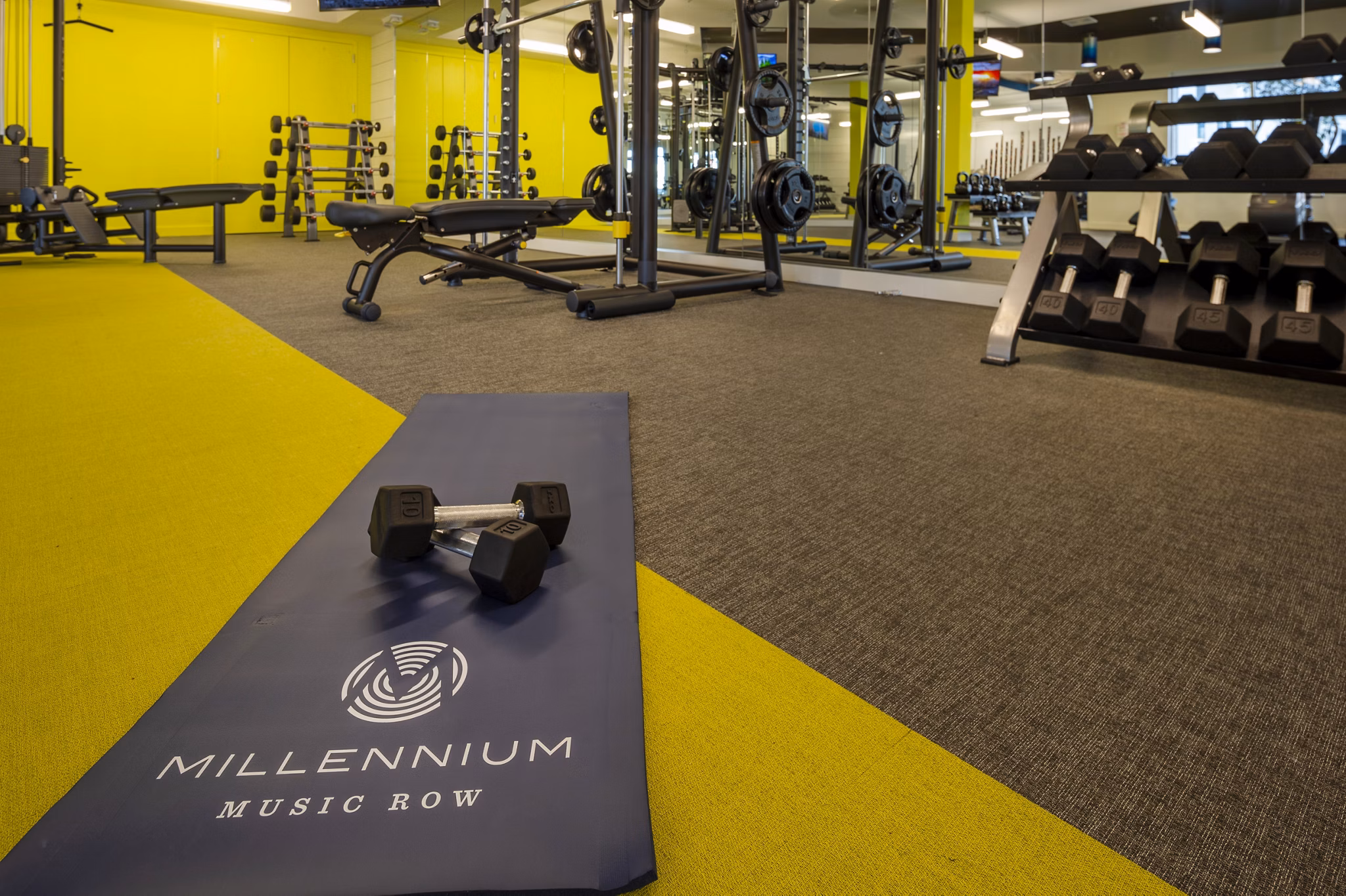 State-of-the-art fitness center featuring modern equipment at Millennium Music Row Apartments