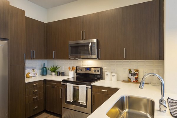Modern kitchen featuring sleek countertops and stainless steel appliances in Millennium Music Row Apartments in Nashville
