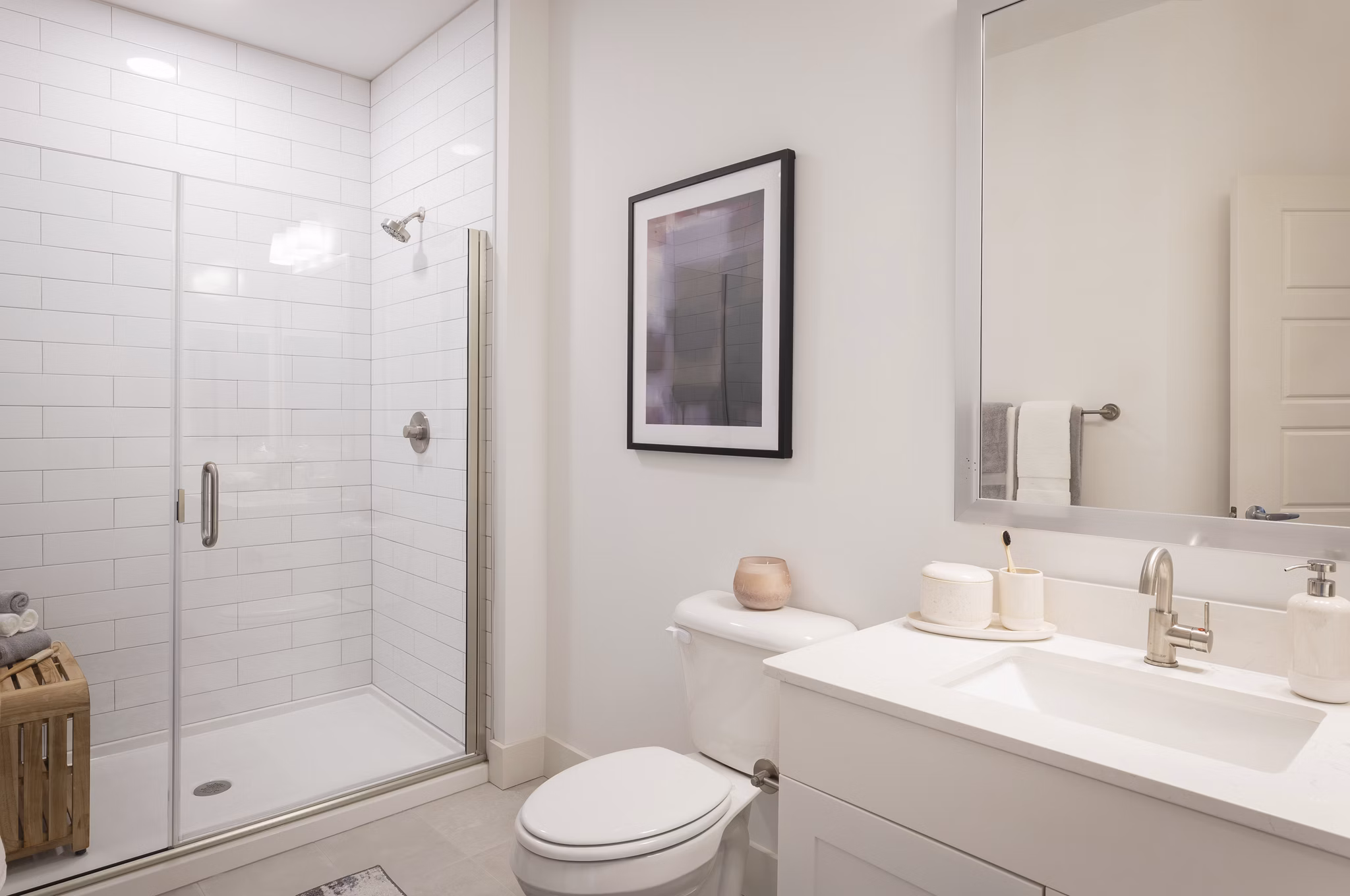 Modern bathroom with elegant fixtures at Everleigh Vernon Hills Apartments