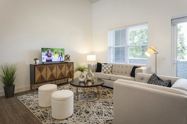 Living room with modern decor and cozy seating at Everleigh Vernon Hills Apartments