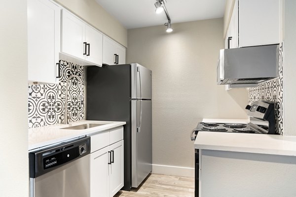 Modern kitchen featuring stainless steel appliances and granite countertops at Avana Cordoba Apartments
