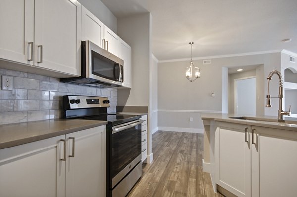 Sleek modern kitchen with marble countertops and stainless steel appliances at Siena Apartments