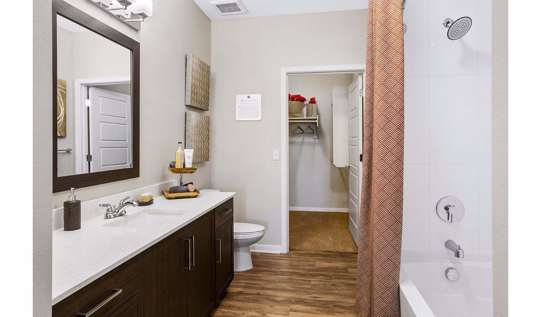 Bathroom featuring modern fixtures at 601 PAX Apartments, a luxury property managed by Greystar