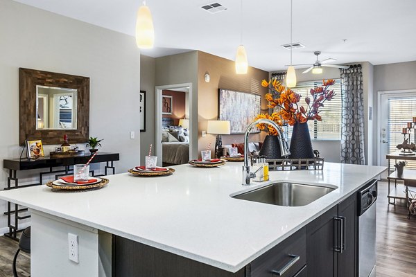 Modern kitchen with sleek countertops and stainless steel appliances at 601 PAX Apartments, showcasing luxury living in a stylish setting