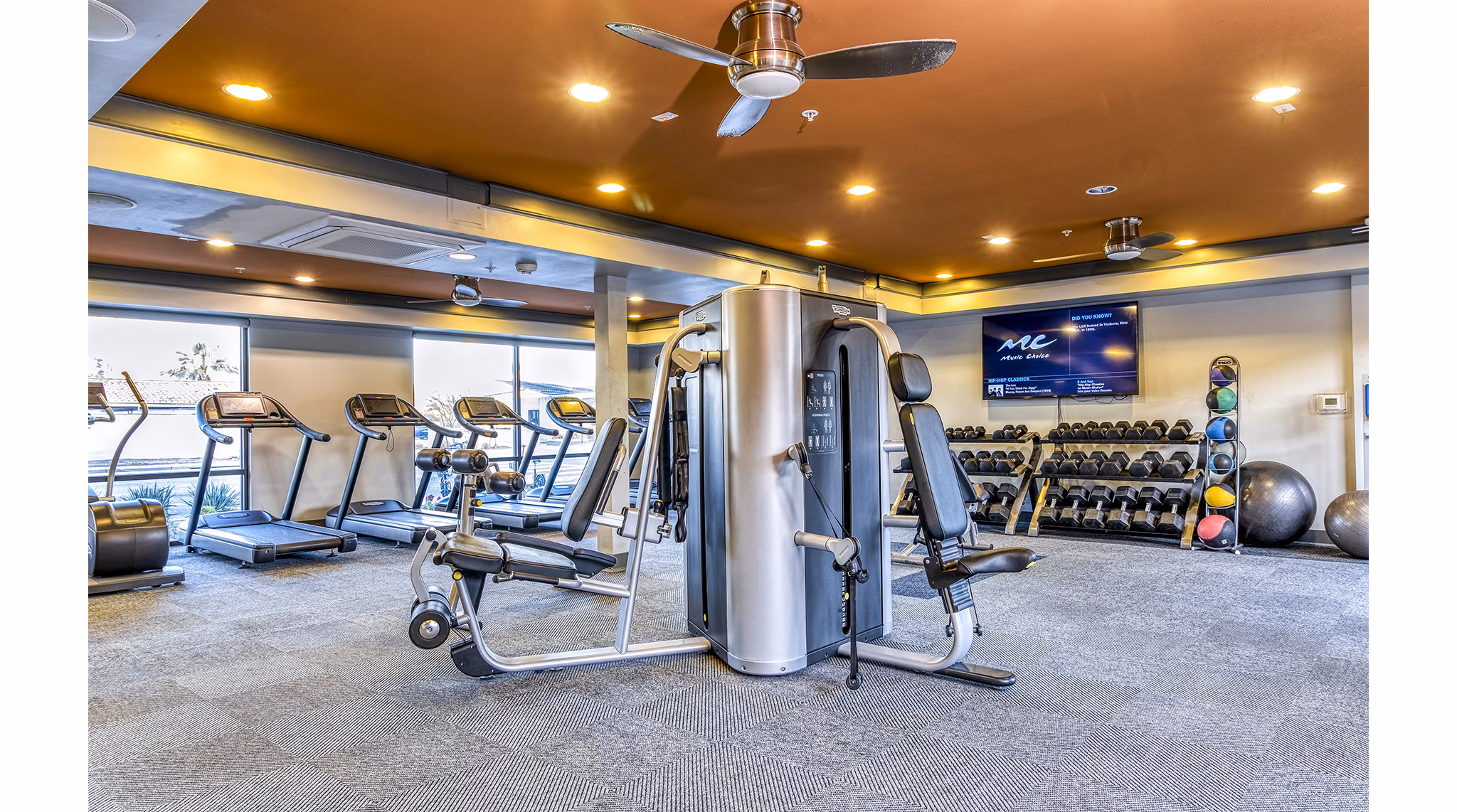 State-of-the-art fitness center at 601 PAX Apartments offering weights, cardio machines, and yoga space for residents