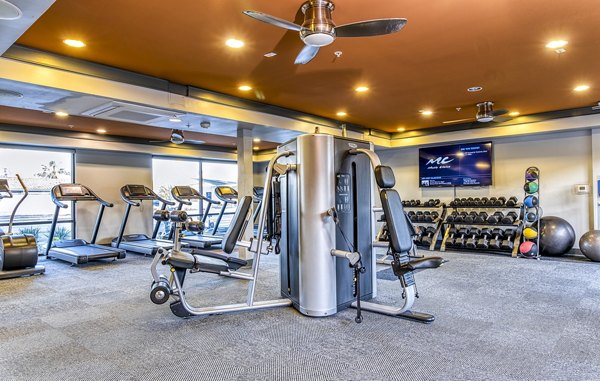 State-of-the-art fitness center at 601 PAX Apartments offering weights, cardio machines, and yoga space for residents