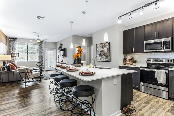 Modern kitchen featuring stainless steel appliances at 601 PAX Apartments, Greystar luxury living in the heart of the city
