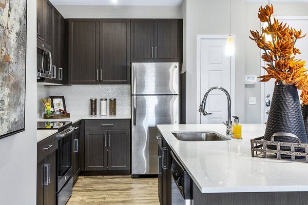 Modern kitchen with stainless steel appliances and quartz countertops at 601 PAX Apartments