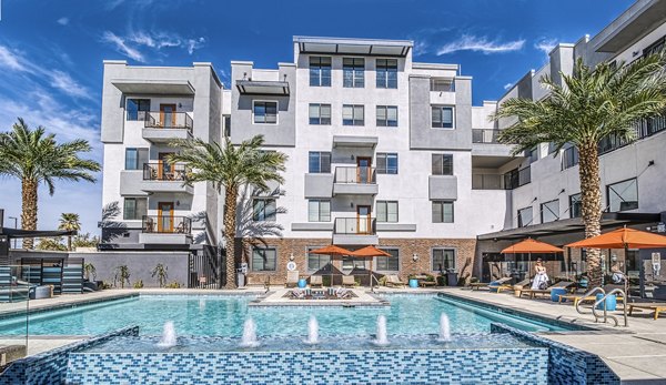 Rooftop pool with city skyline views at 601 PAX Apartments