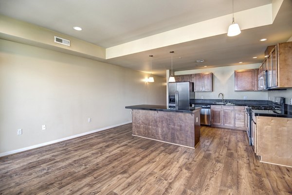 Open-concept kitchen with stainless steel appliances at Hanna Heights Apartments