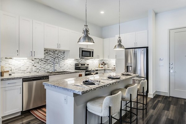Modern kitchen with stainless steel appliances at Encore Panther Island Apartments