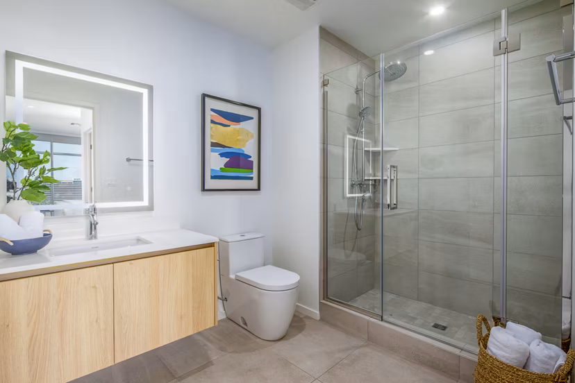 Bathroom featuring modern fixtures and sleek design at 200 West Ocean Apartments