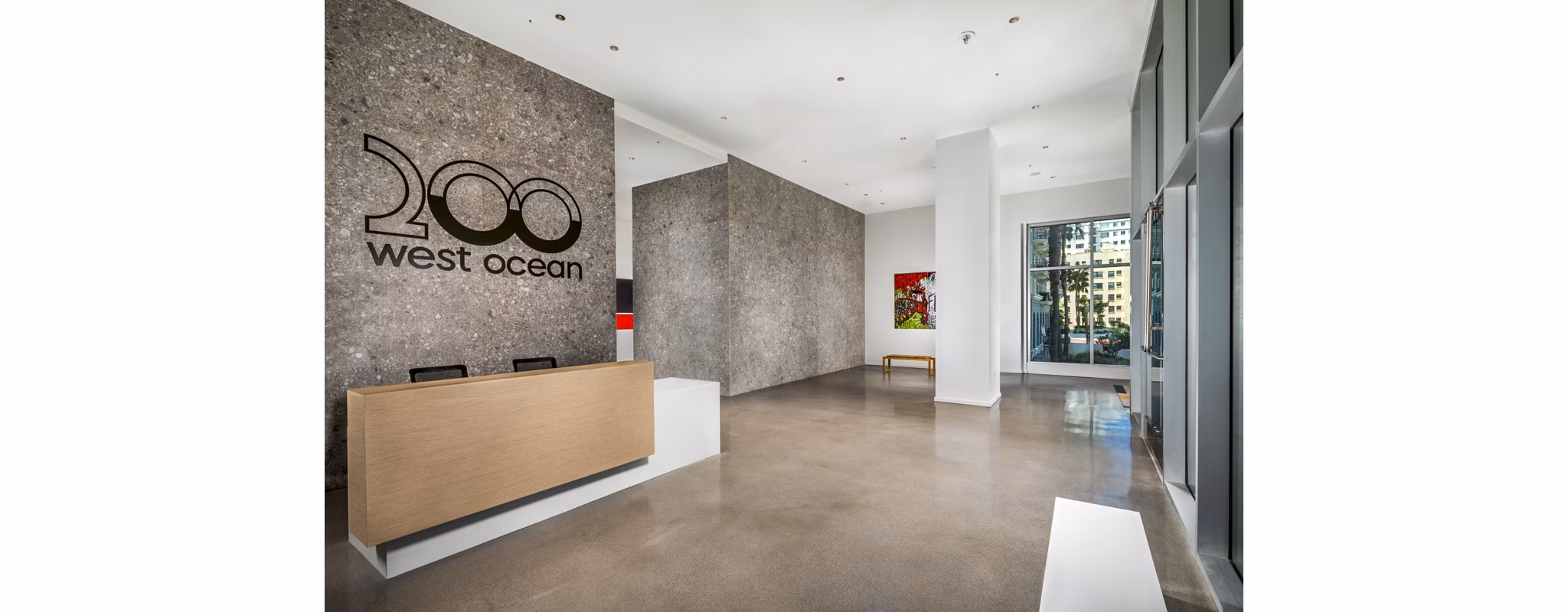Elegant entryway with modern design at 200 West Ocean Apartments, a Greystar luxury property in Long Beach, CA