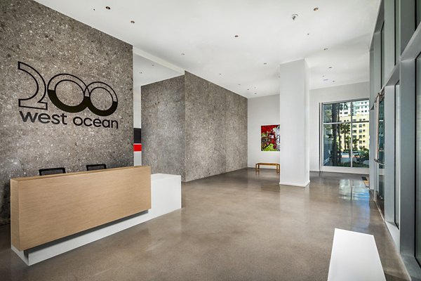 Elegant entryway with modern design at 200 West Ocean Apartments, a Greystar luxury property in Long Beach, CA