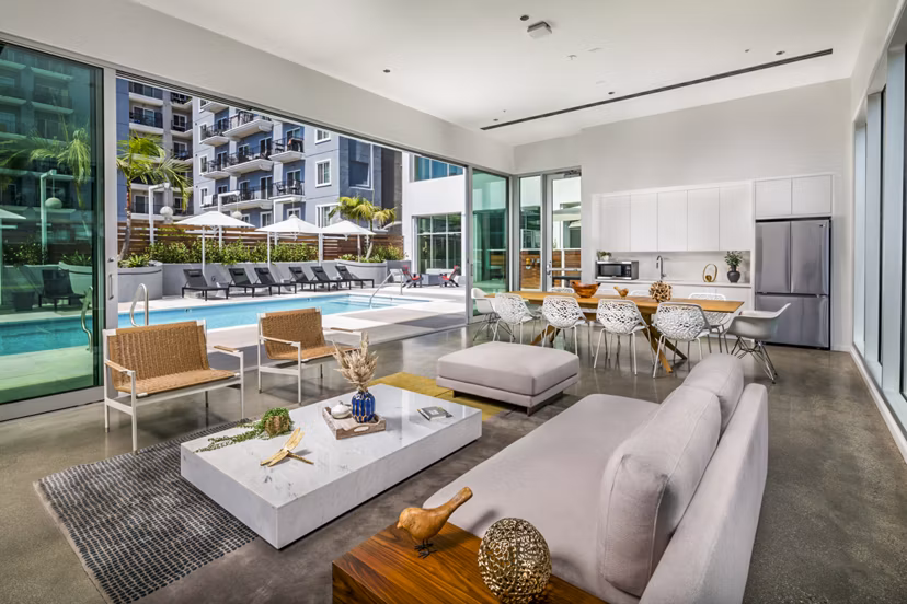Clubhouse patio with seating and ocean views at 200 West Ocean Apartments, perfect for relaxation and socializing