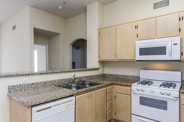 Modern kitchen featuring stainless steel appliances at Waterford Place Apartments