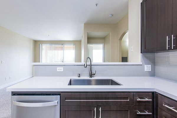 Modern kitchen with stainless steel appliances at luxury Waterford Place Apartments
