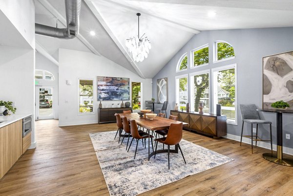 Clubhouse lobby featuring modern decor and cozy seating at Avana Hamptons Apartments in luxury Greystar community