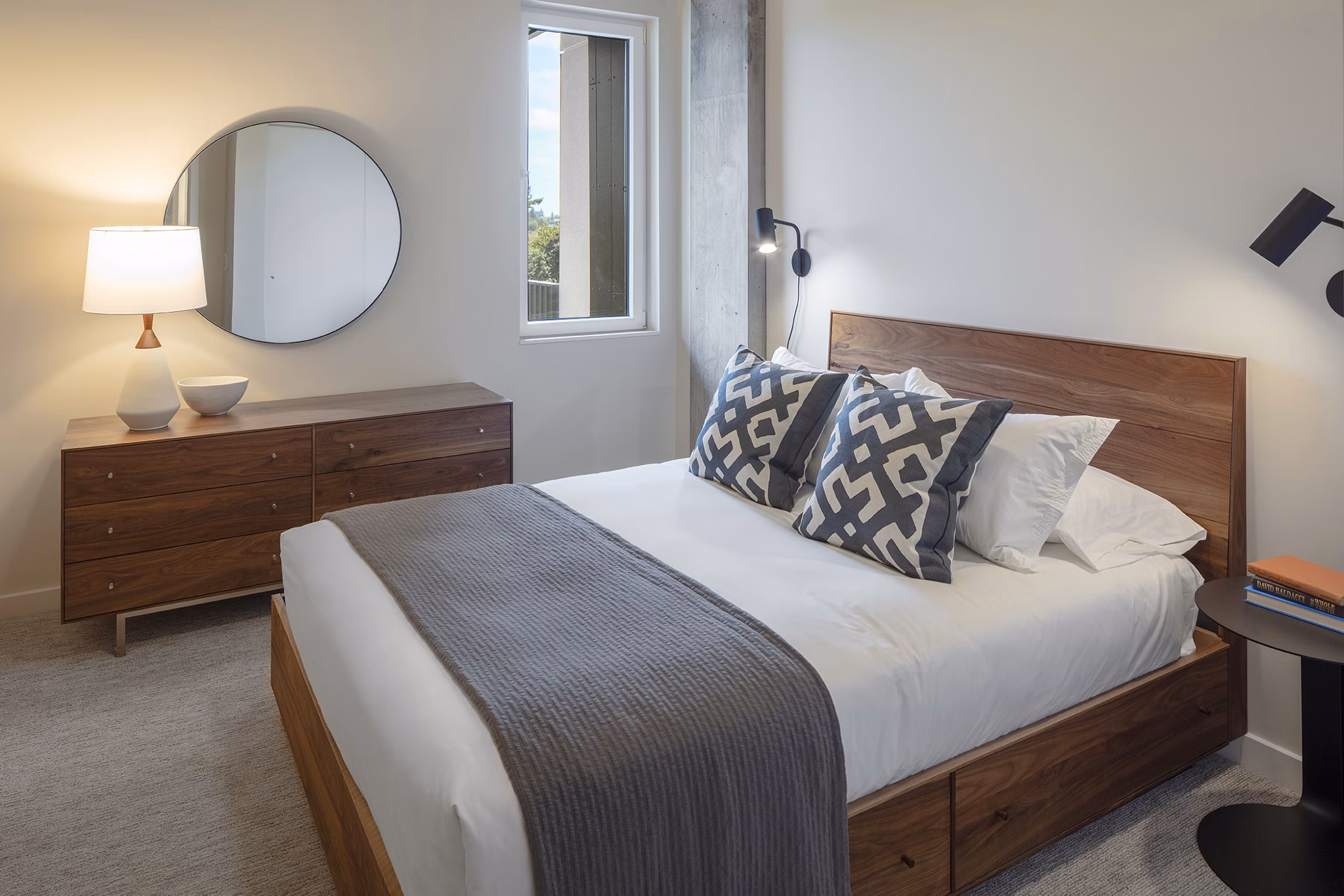 Spacious bedroom with elegant design elements at The Payton Apartments, Greystar luxury apartments