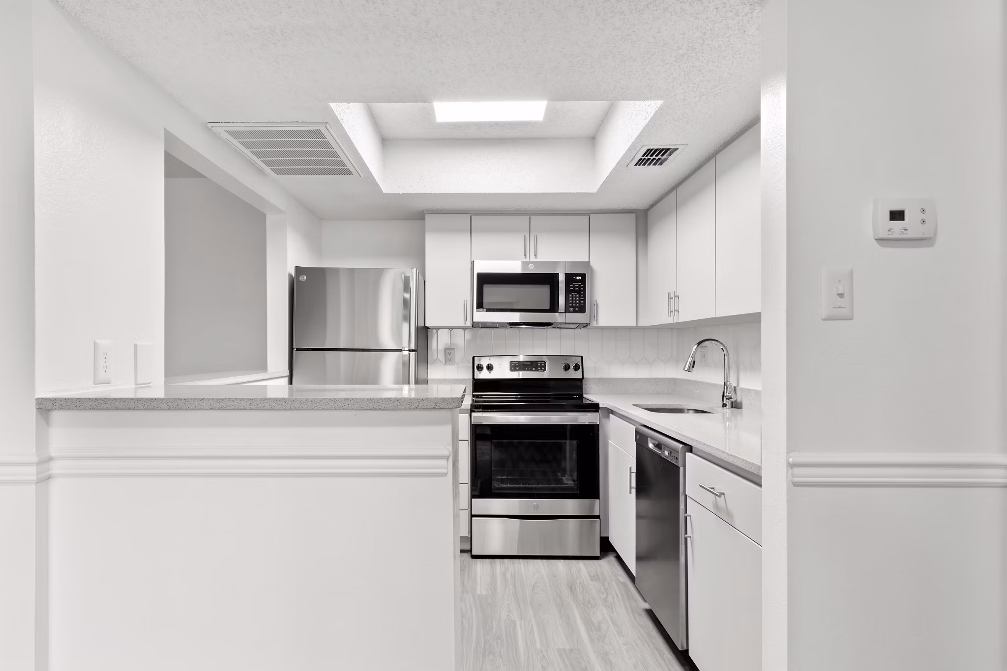 Modern kitchen featuring stainless steel appliances at Avana Coachman Apartments, luxury living by Greystar