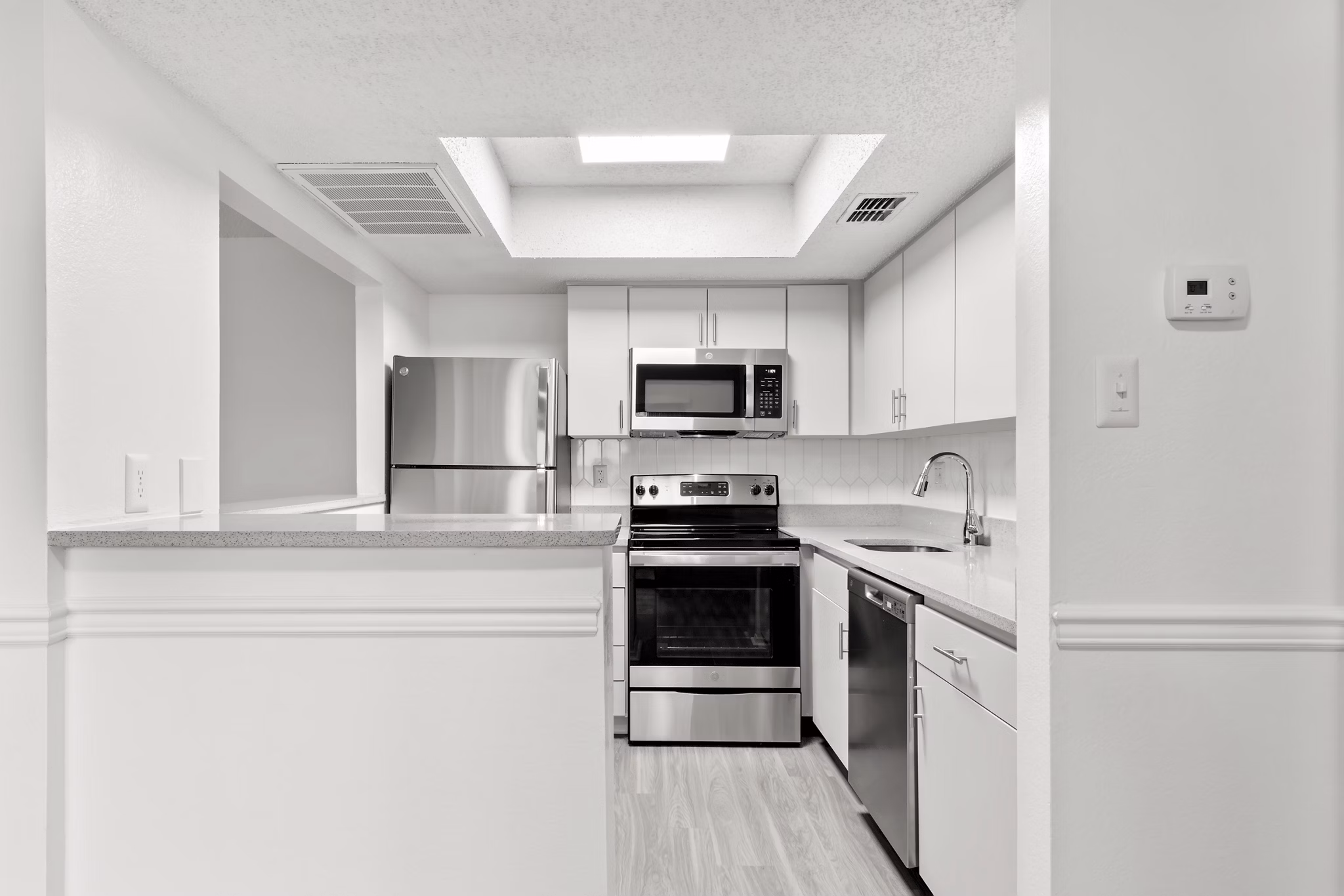 Modern kitchen featuring stainless steel appliances at Avana Coachman Apartments, luxury living by Greystar