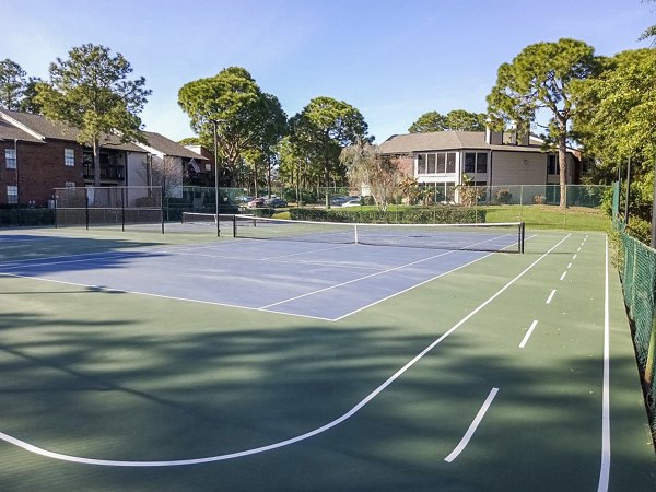 Tennis court surrounded by lush greenery at Avana Coachman Apartments