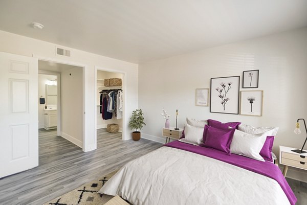 Cozy bedroom with modern decor at Copper Terrace Apartments