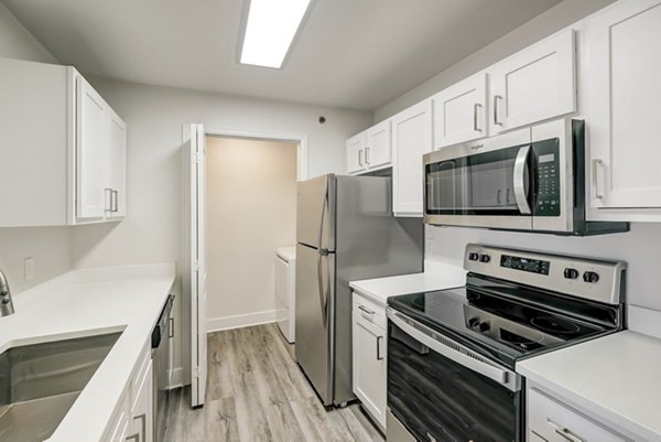 Modern kitchen with stainless steel appliances in Copper Terrace Apartments