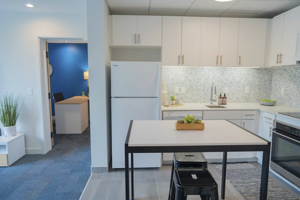 Modern kitchen with stainless steel appliances at Cheatham Street Flats Apartments