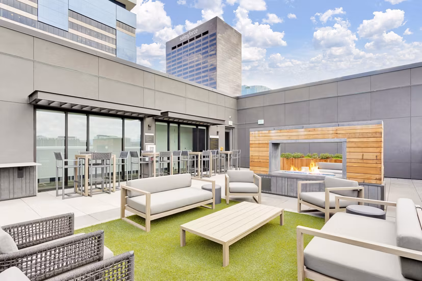 Cozy patio with modern furniture at The Fitzgerald Apartments