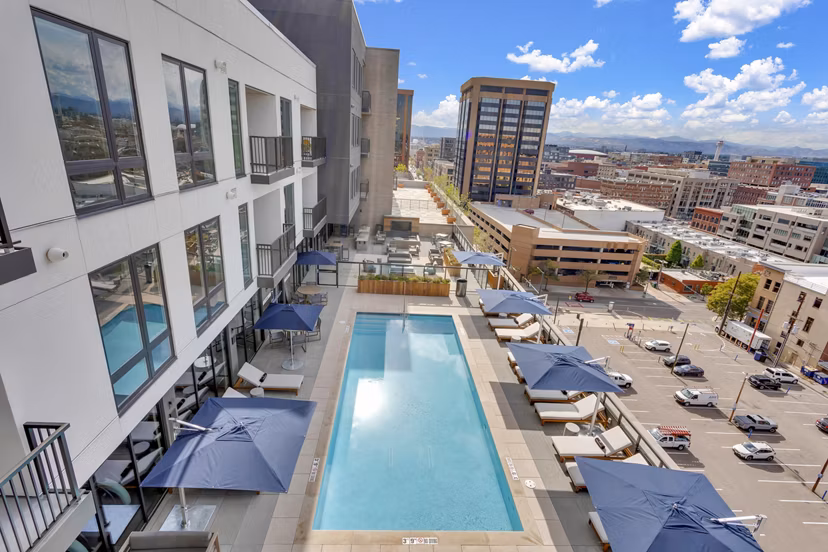Elegant outdoor pool at The Fitzgerald Apartments offering luxury leisure experience