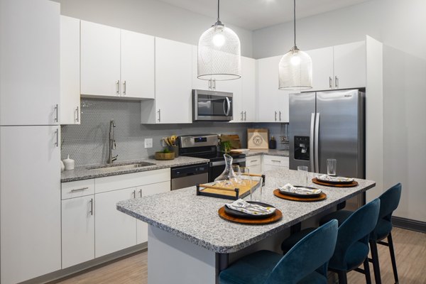 Modern kitchen with stainless steel appliances in Westhouse Apartment Flats, luxury living by Greystar