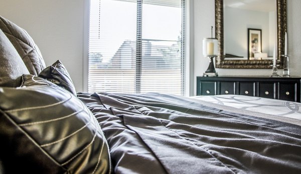 Modern bedroom featuring cozy decor and large windows in Oak Hill Apartments