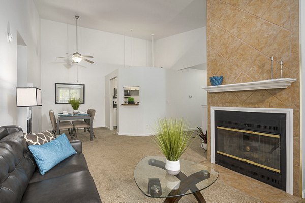 Spacious living room featuring modern design at Shoal Creek Apartments, luxurious Greystar community amenities