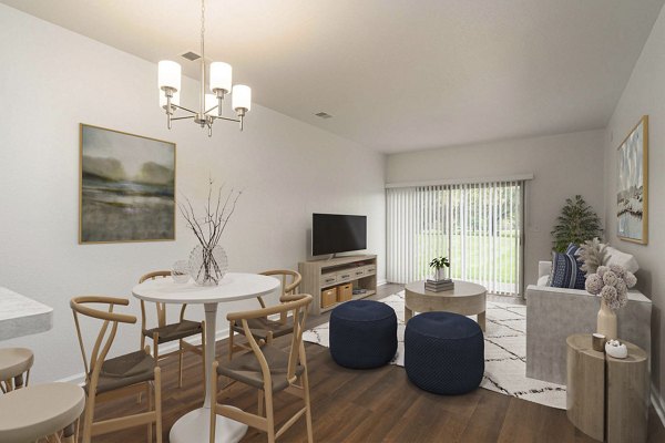 Dining area with modern furnishings in Woodland Meadows Apartments, luxury living space ideal for residents seeking comfort and style
