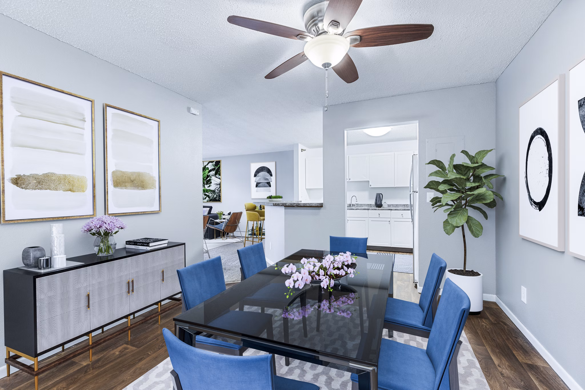 Dining room at Avana West Park Apartments featuring modern decor and elegant lighting for a luxurious living experience