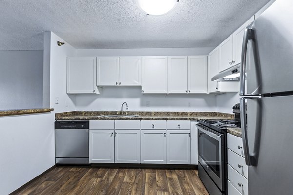 Modern kitchen with stainless steel appliances in Avana West Park Apartments