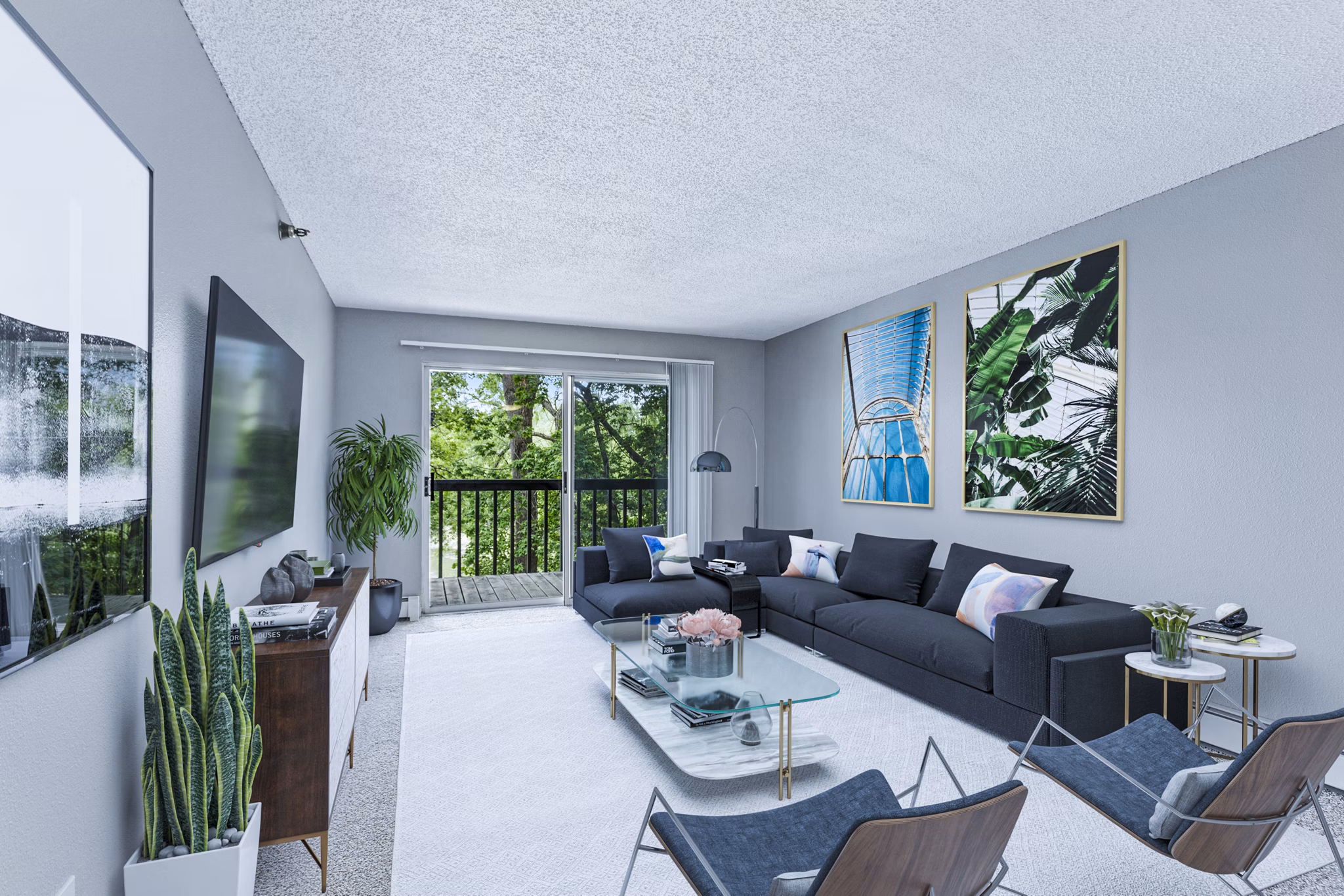 Spacious living room with contemporary furniture and natural light at Avana West Park Apartments