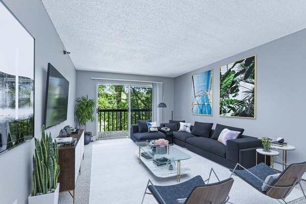 Spacious living room with contemporary furniture and natural light at Avana West Park Apartments