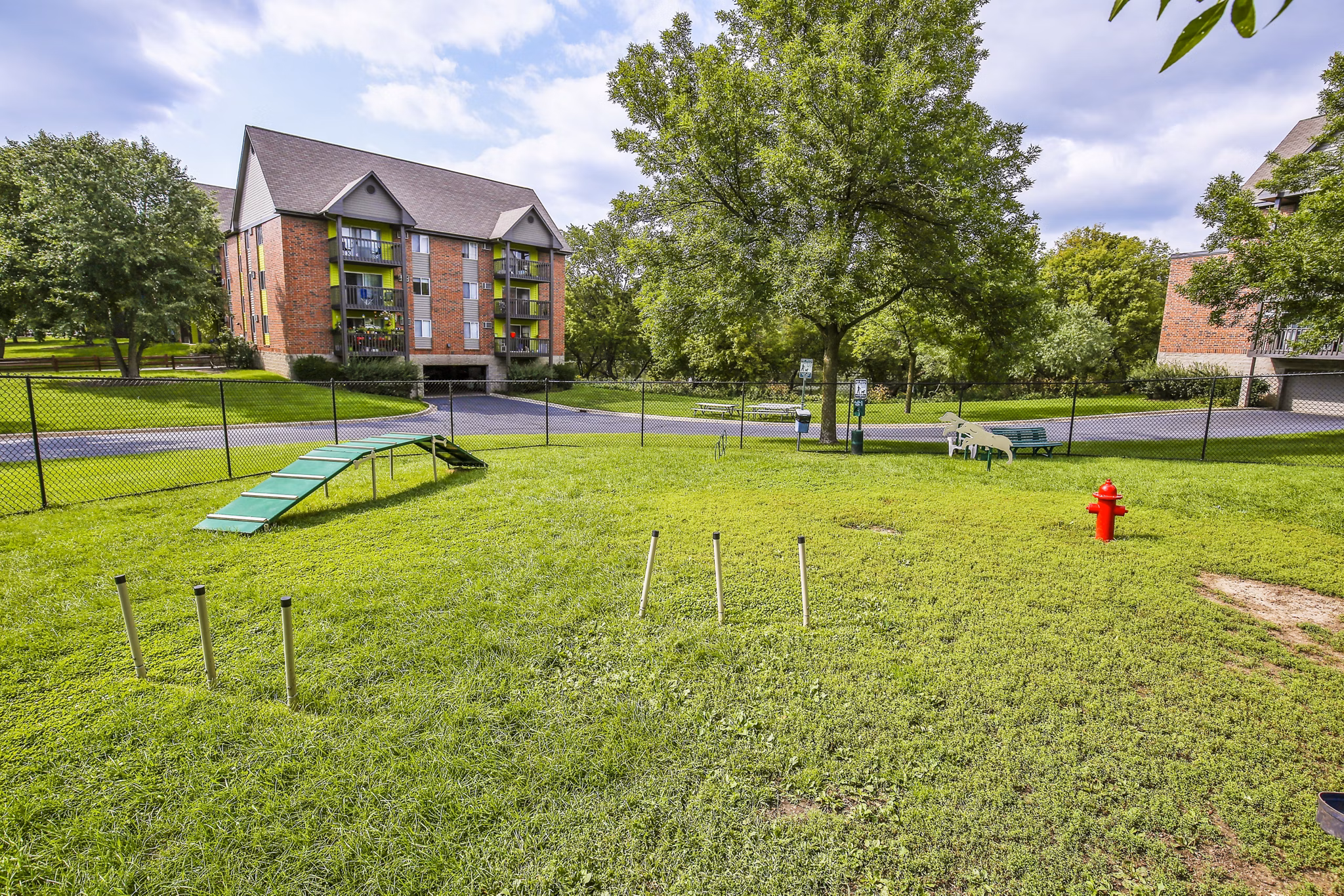 Spacious fenced dog park with agility equipment at Avana West Park Apartments